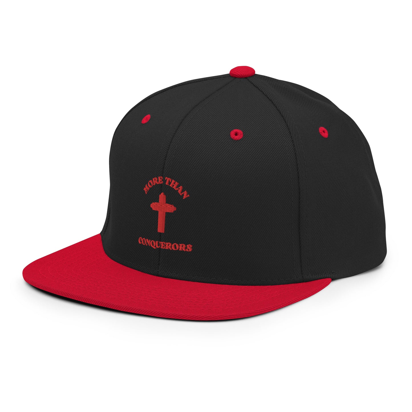 MORE THAN CONQUERORS Black & Red Snapback Cap