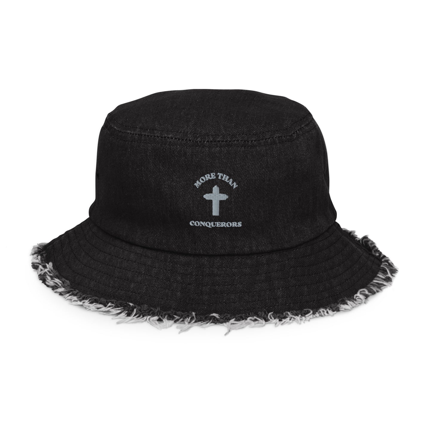 MORE THAN CONQUERORS Black Distressed denim bucket hat