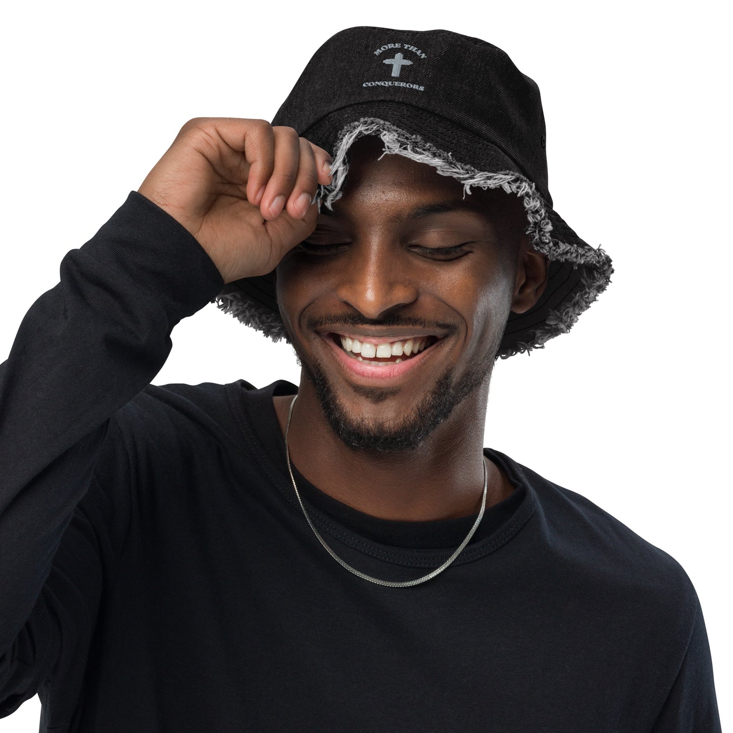 MORE THAN CONQUERORS Black Distressed denim bucket hat