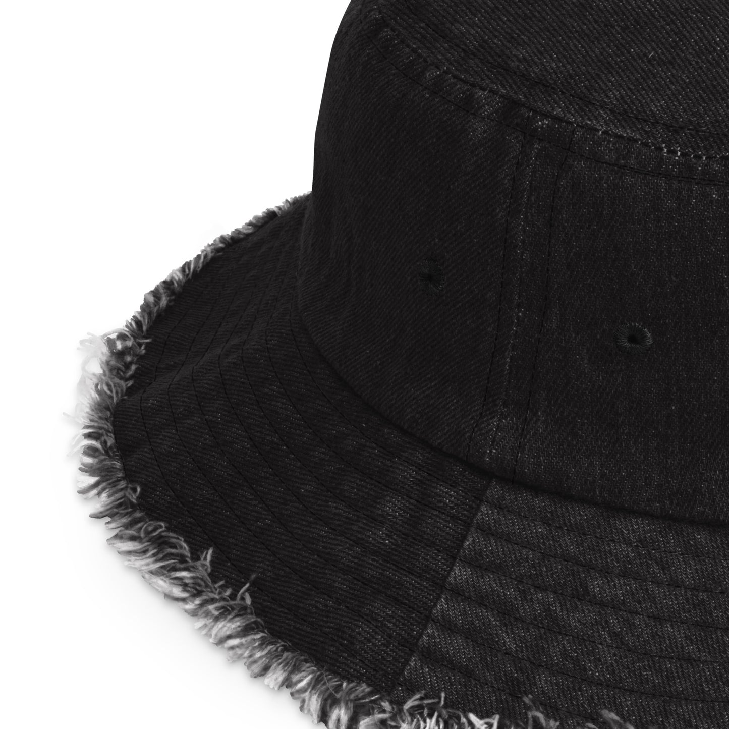 MORE THAN CONQUERORS Black Distressed denim bucket hat