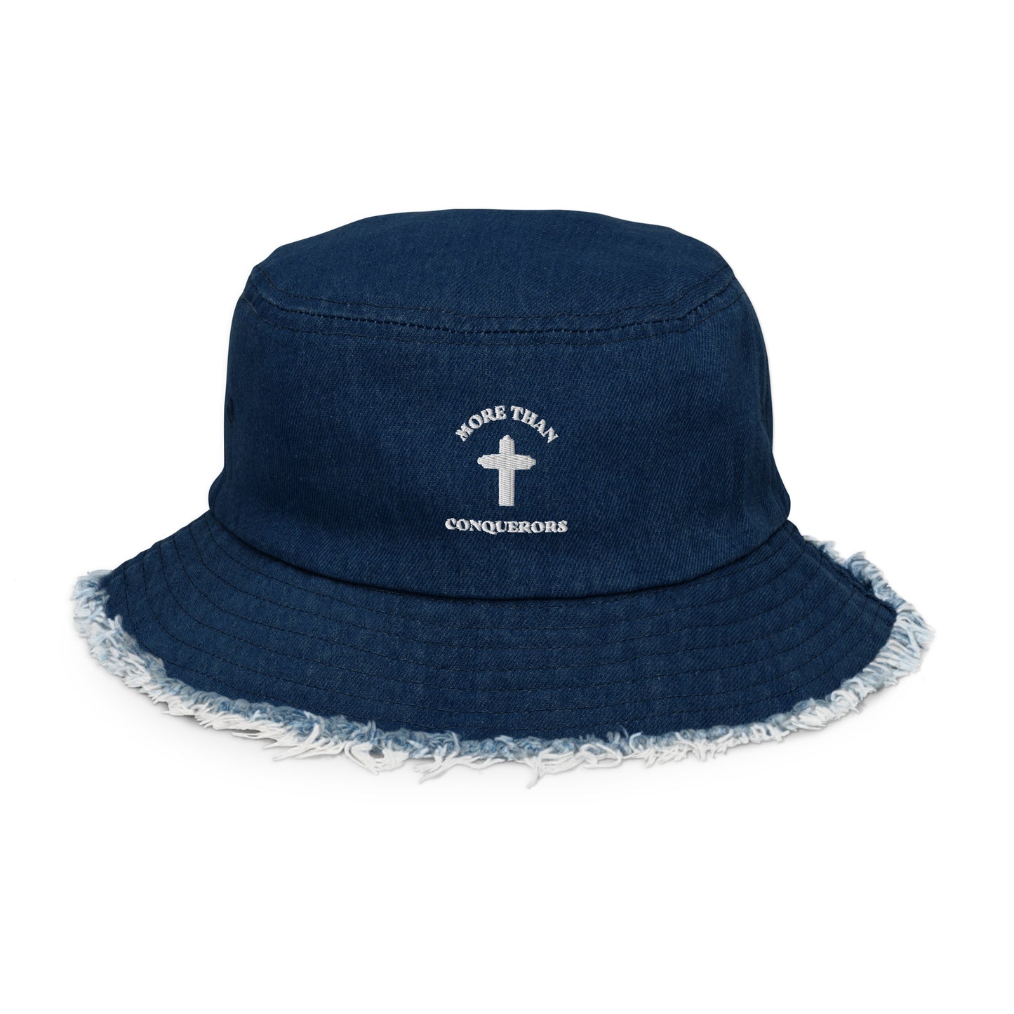 MORE THAN CONQUERORS Distressed denim bucket hat