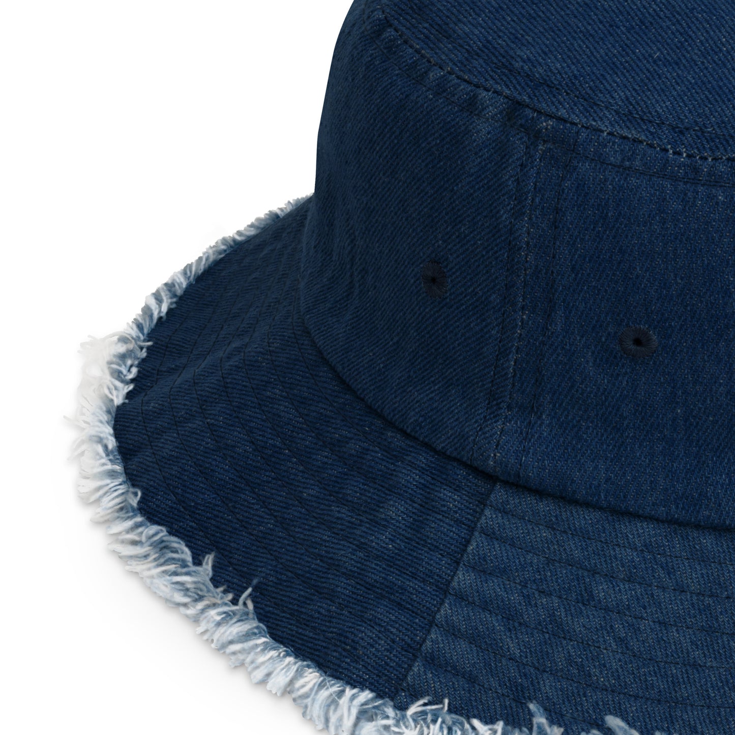 MORE THAN CONQUERORS Distressed denim bucket hat