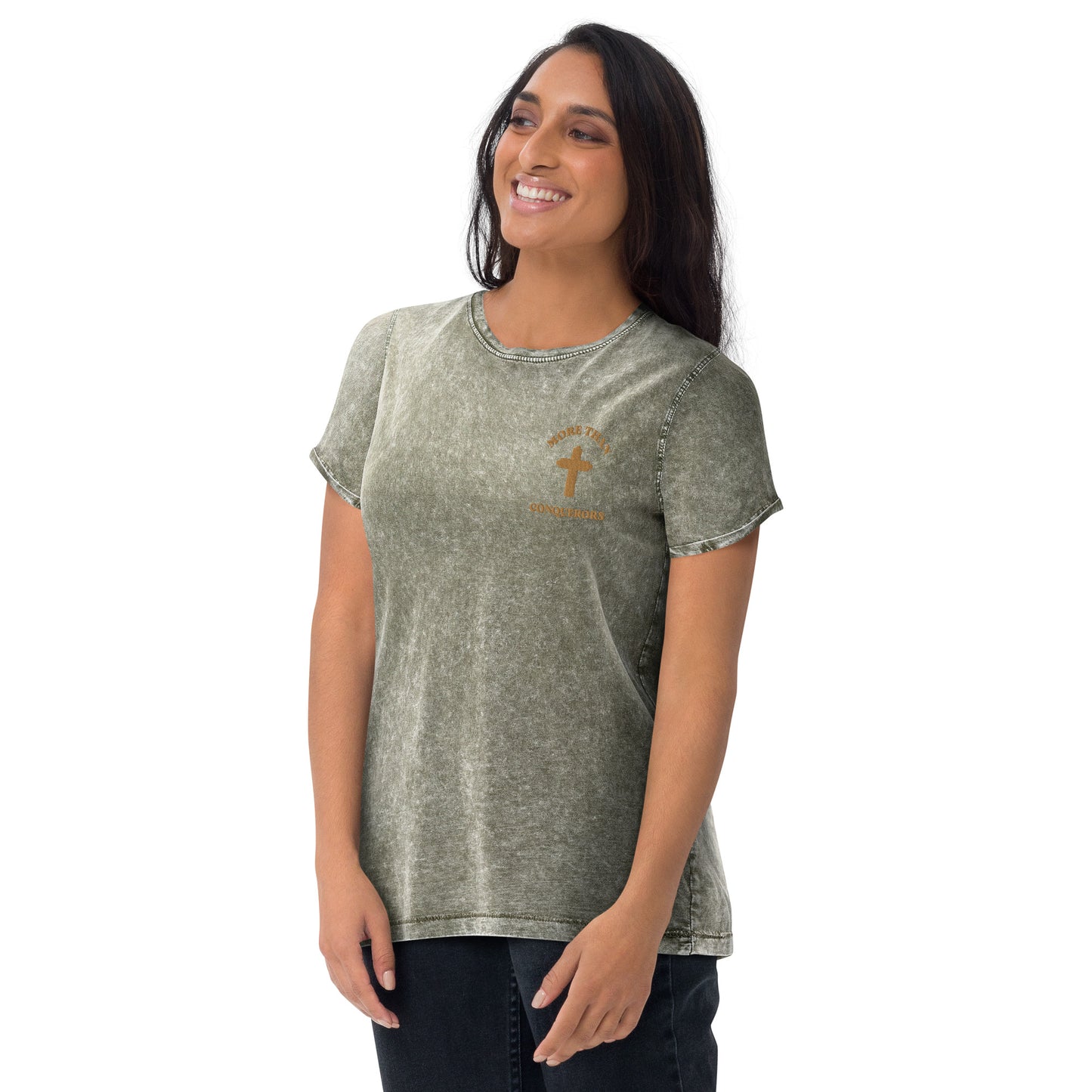 Faith Lane Gear MORE THAN CONQUERORS Dark Army Green Denim T-Shirt